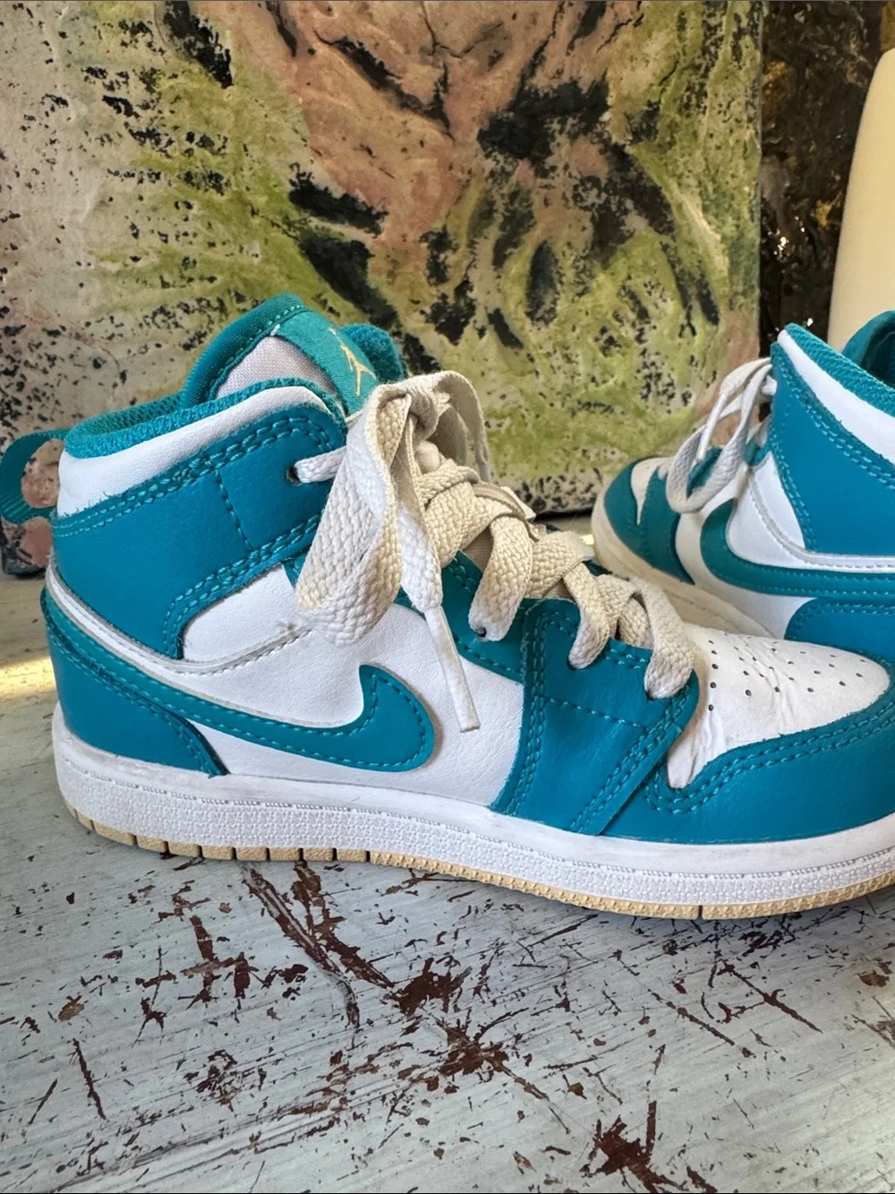 Jordan Kids' Teal and White Mid Sneakers 11.5